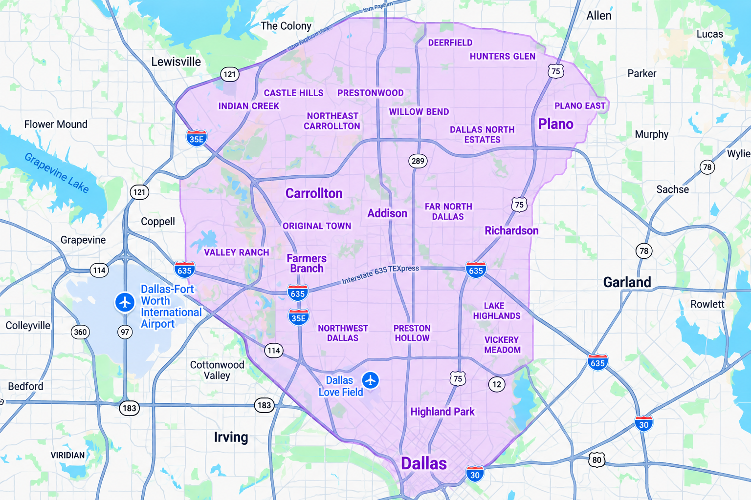 Map of our service area: Carrollton, Dallas and nearby communities.